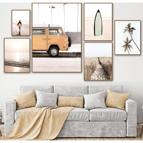 Gohipang Orange Bus Beach Sea Coconut Tree Surfing Wall Art Canvas Painting Nordic Posters And Prints Wall Pictures Living Room