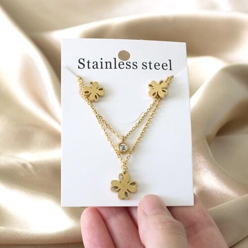 LUXUKISSKIDS Flower Pendant Chain Crystal Gold Stainless Steel Double Necklace Stud Earrings Sets For Women African Jewelry Set