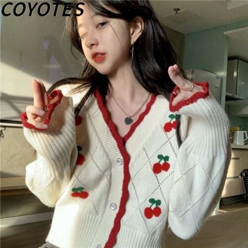 COYOTES Sweaters Cardigan Women Knitted Cherry Embroidery V-Neck Sweater Womens Single Breasted Jumpers Korean Style Casual