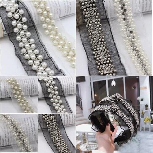 6Yards Fake Pearl Beaded Lace Trim White Black Mesh Crystal Rhinestone Lace Beaded Trim Braid Lace Applique DIY Hats Clothing