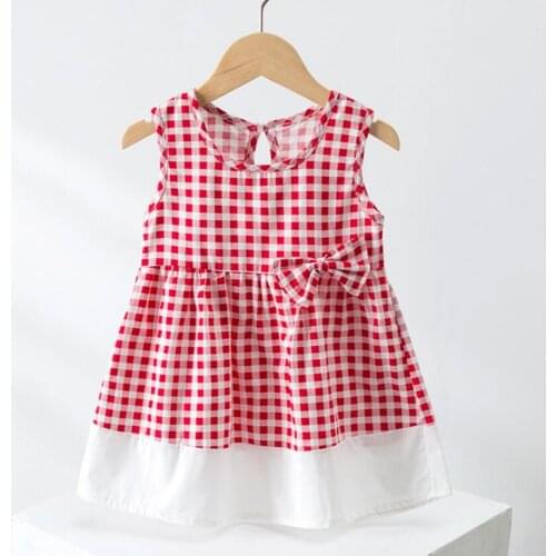 100% Cotton Girls Summer Dress Sleeveless Plaid Bow O-Neck Fashion Princess Costume Birthday Kids Clothes Factory Price