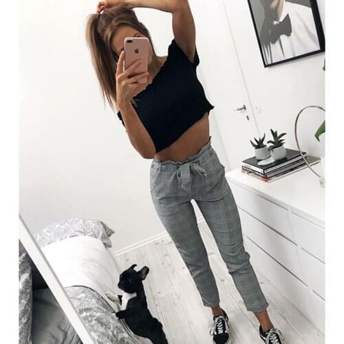 Fashion Women Plaid Cropped Pants Casual Thin Skinny Harem Pants Thin Slim Straight 9 Pants