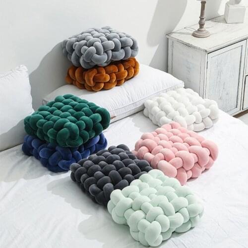 Soft Plush Knot Cushion Pillow Solid Color Square Hand Woven Cushion Pillow