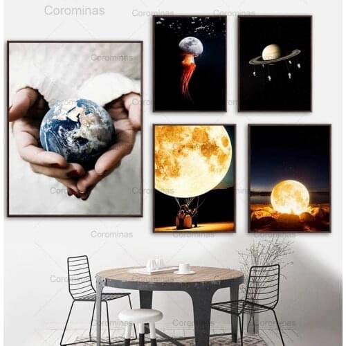 Space Astronaut Wall Art Canvas Painting Hand Earth Moon Saturn Nordic Posters and Prints Wall Hd Pictures for Living Room Decor
