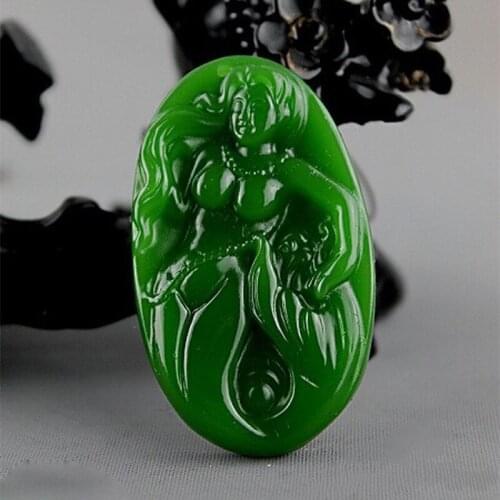 Natural Green Hand Carved Mermaid Pendant Fashion Jewelry Mens and Womens Mermaid Necklace