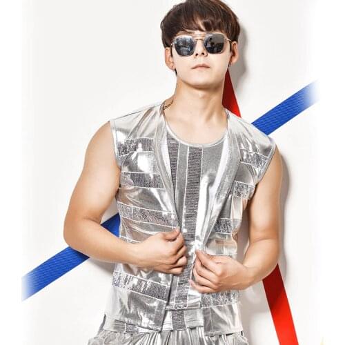 New Nightclubs Bars Singers Drums Jazz Modern Dance Costumes Men Personality Sequins Fashion Vest Harem Pants Three Piece Suits