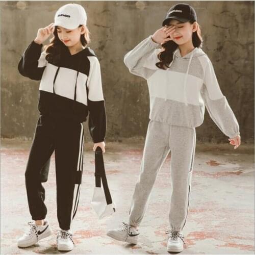 Autumn Winter Girls Clothing Sets Teenage Girl Two Color Patchwork Hooded Set Top And Pants Kids Clothes Suits 6 8 10 12 14 16T