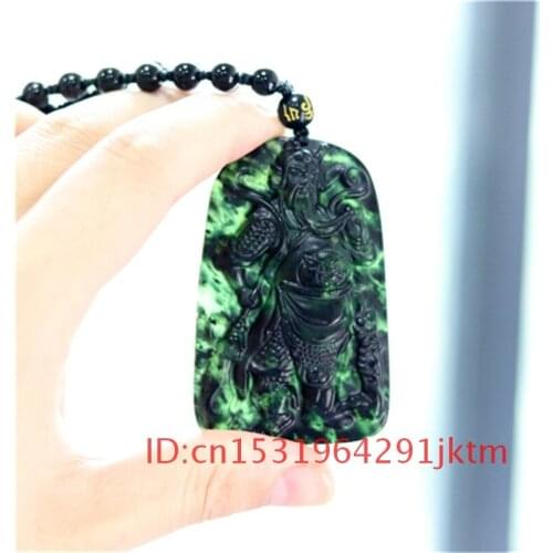 Necklace Natural Guanyu Jewelry Obsidian for Accessories Chinese Carved Amulet Gifts Men Black Charm Jade Green Pendant