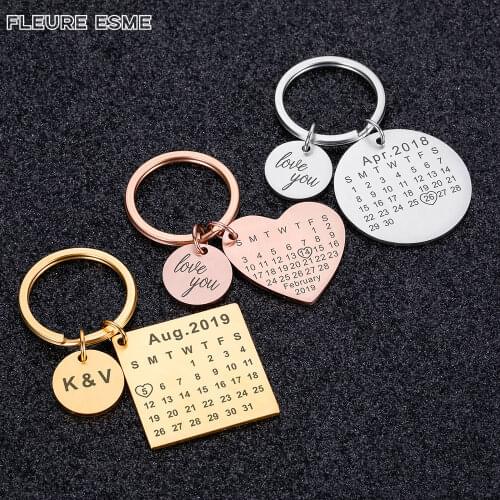 Personalized Custom Key Chain Ring Engraved Calendar Date Stainless Steel Keyring Wedding Anniversary Gift for Boyfriend Husband
