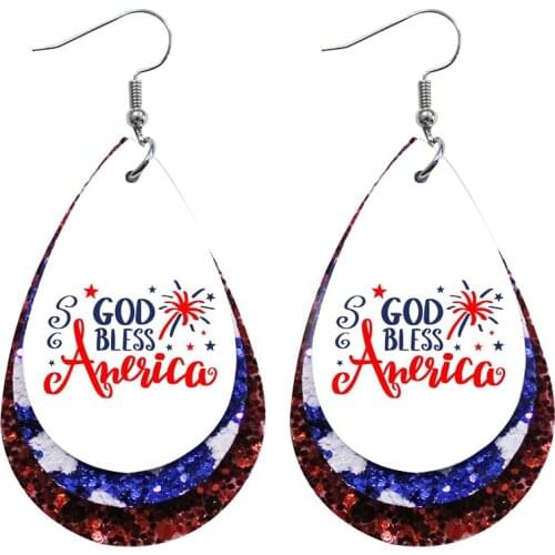 God Bless America Patriotic Stars Faux Leather American Flag Earrings Layered Glitter 4th Of July Earrings