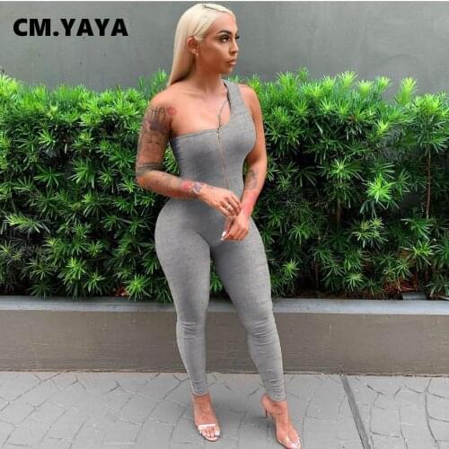 CM.YAYA Zipper Up One Shoulder Skew Neck Skinny Womens Jumpsuit Yoga Active Sleeveless Elastic Romper Outfits
