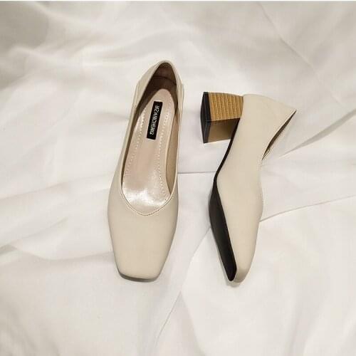 Autumn Square Toe Thick Heel Single Shoes Female Shallow Mouth Comfortable Retro Style Shoes Soft Leather Stepped Heel Shoes