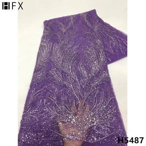 HFX embroidery nigerian heavy handmade beaded lace french sequins fabric 2021 high quality african net lace fabrics 5 yard H5487