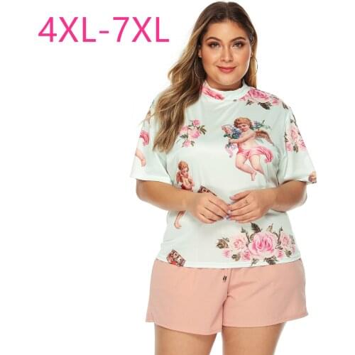 2021 new summer plus size tops for women large short sleeve loose casual print flower O neck T-shirt white 4XL 5XL 6XL 7XL