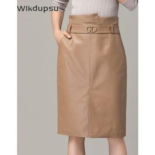 Real Genuine Leather Skirt Women 2020 New Midi High Waist Bodycon Skirt Office Ladies Pencil Skirt Belted Knee Length Plus Size