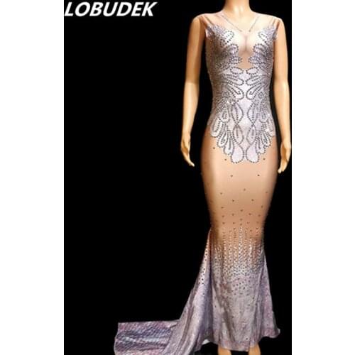 Women Silver Rhinestones Sleeveless Trailing Long Dress Fashion Stretch Slim Fishtail Dress Birthday Party Evening Stage Costume