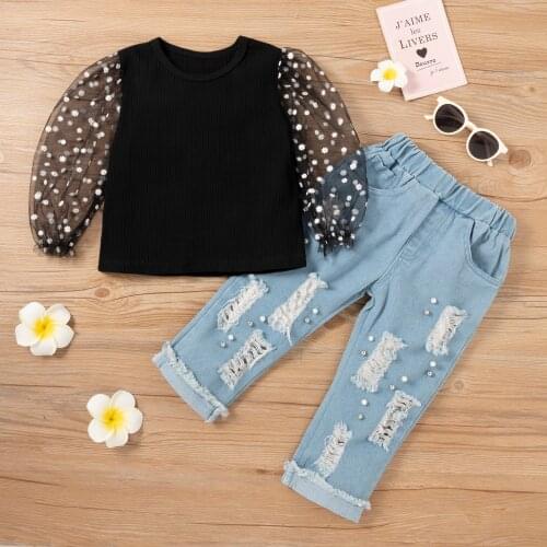 Ma&Baby 1-6Y Toddler Kid Girls Clothes Set Star Print Mesh Long Sleeve Tops Pearl Denim Pants Jeans Autumn Spring Outfits DD43