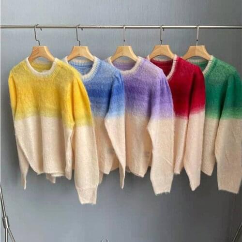 2021 New Autumn Winter Sweater Womens Gradient Colors Printed O-Neck Long Sleeve Jumpers Ladies Mohair Knit Pullovers Tops