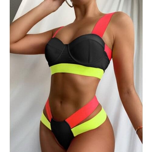 2021 Woman Push Up Bikini Summer Sexy Beach Bikini for Ladies Fashion Biquini Stitching Color Biquinis Bathing Suit Swimsuits