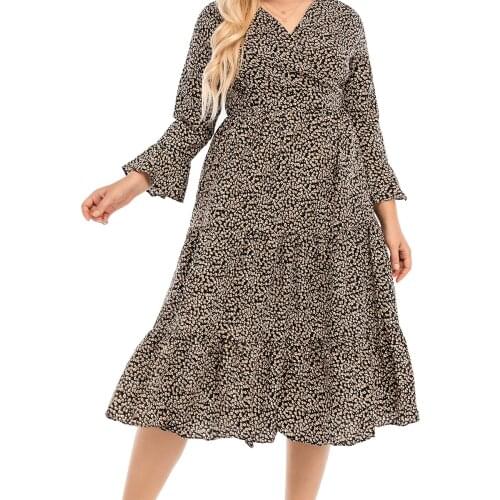 2021 Summer Dress Women V Neck Ruffles Long Sleeve Printing High Waist Casual Dress Plus Size Long Beach Sundress