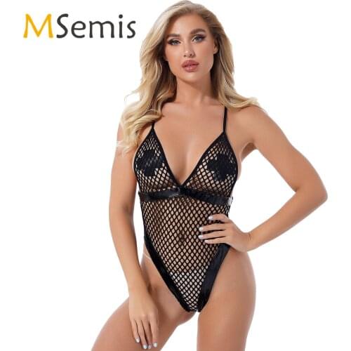 Womens Lingerie Babydoll Teddies Costume See-through Hollow Out Fishnet Bodysuit Patent Leather Patchwork High Cut Sexy Playsuit