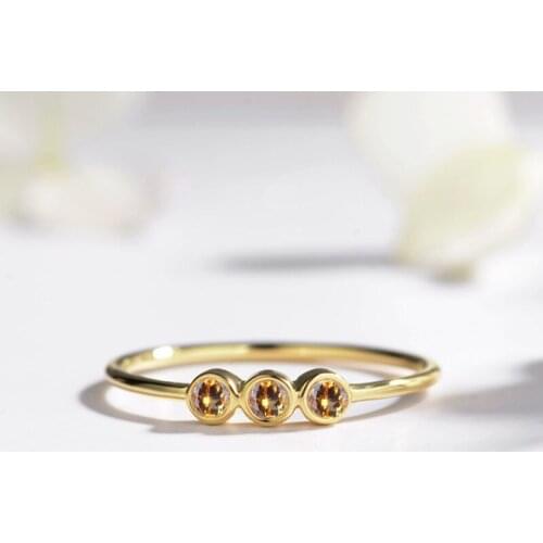 Women Natural Citrine Engagement Wedding Ring Solid 14k Yellow Gold Fine Jewelry Trendy Three Stones Ring
