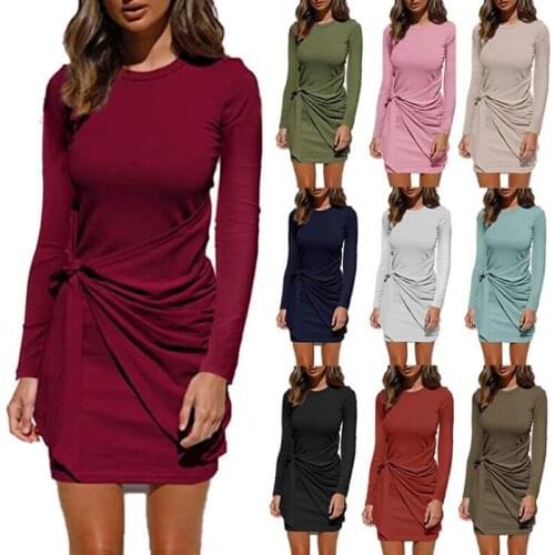 2021 European and American womens autumn and winter casual pleated lace up knotted long sleeved dress