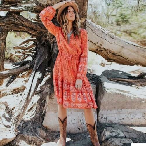 TEELYNN midi boho dresses Autumn rayon orange floral print Dallas play dress long sleeve elastic waist dresses for women Vestido