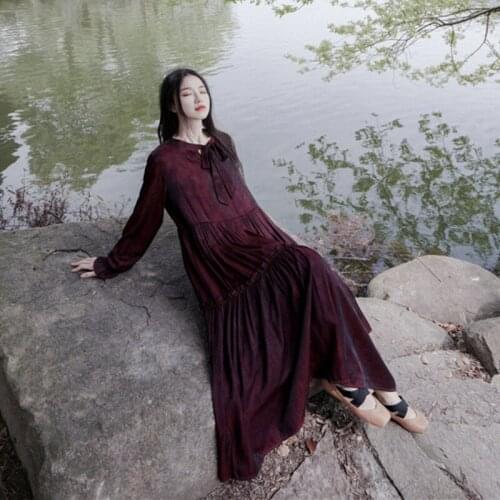 Ladies long-sleeved dress, lace-up, long cake and large swing dress, loose beach holiday dress, dark night rose