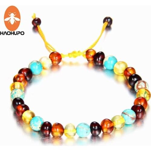 HAOHUPO Natural Amber Bracelet with Turquiose Braided Bracelets Adjustable Jewelry Handmade Fancy Multi Anklet for Baby Women