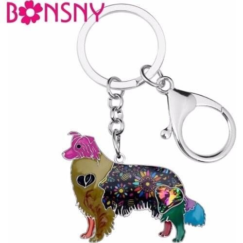 Bonsny Enamel Alloy Rhinestone Border Collie Dog Key Chains Keychain Holder Animal Jewelry For Women Girls Bag Purse Charms Gift