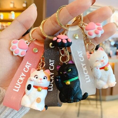 Japanese Cute Little Kitten Cat Keychain for Women Fashion Letter LUCKY CAT pvc Wristband Key Chain Girlfriend Bag Jewelry Gift