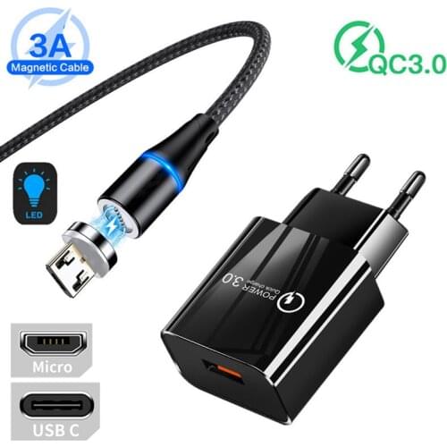 QC 3.0 USB Charger Magnetic Fast 3A Charge Type C Micro Cable For Xiaomi POCO X3 NFC Mi A3 10 lite Note 7 8 9 Pro Redmi 3s 4 5 6