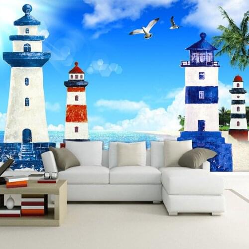 Dropship Custom Photo Mural Mediterranean Style Blue Sky White Clouds Lighthouse Living Room Waterproof Wallpaper Blue Wallpaper