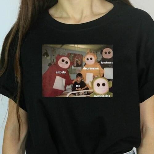 HAHAYULE-JBH 1pcs Teletubbies Around Me Anxiety Depression Lonliness Overthinking Funny Printed T Shirt Women Short Sleeve Tees