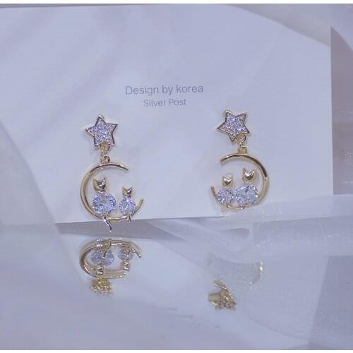 Ins Hot Sale Romantic Delicate Jewelry Cubic Zircon CZ Star Stud Earrings for Women 14k Gold Plated Cute Cat Earrings
