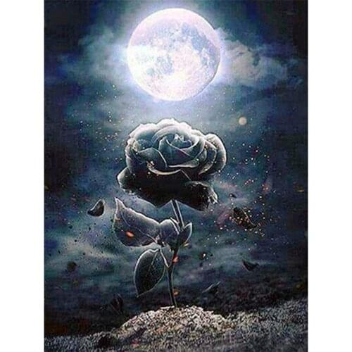 Yujohom Paint With Diamond Paintings Cros Stitch Rose Flower Diamond Embroidery Mosaic Full Square Drill Moon Evening Home Decor