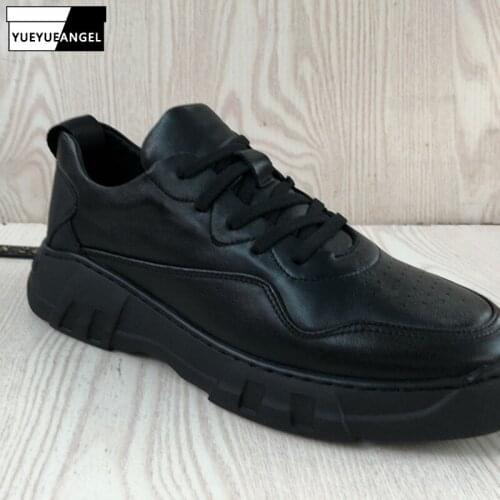 Black Outdoor Casual Mens Shoes Genuine Leather Lace Up Flat Shoes Autumn New High Street Business Comfortable Sneakers Homme