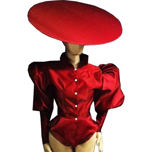 Personality Performance Three-Piece Suits Puff Sleeve Top Tie Neck Hat Tight Shorts Theatrical Costume For Women Dance Wear