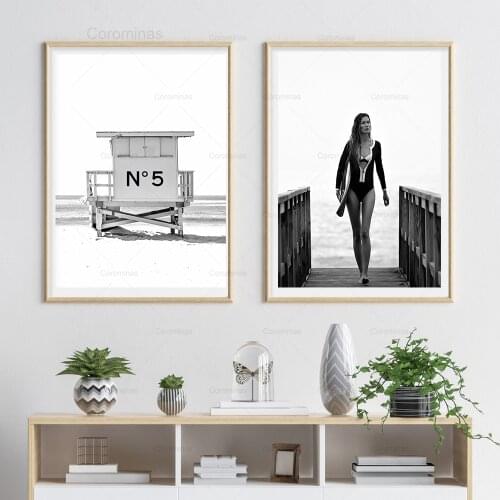 Cuadros Fashion Surf Woman Posters And Prints Poster On Canvas Painting Black White Wall Art Pictures For Living Room Decoration
