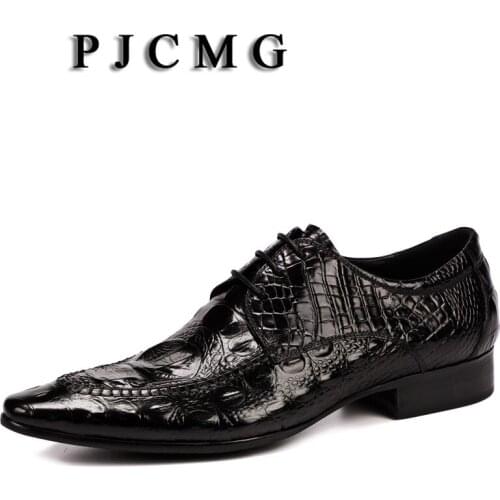 PJCMG New Fashion Crocodile Design Handmade Genuine Leather Lace-Up Pointed Toe Black/Red Business Dress Men Oxford Shoes