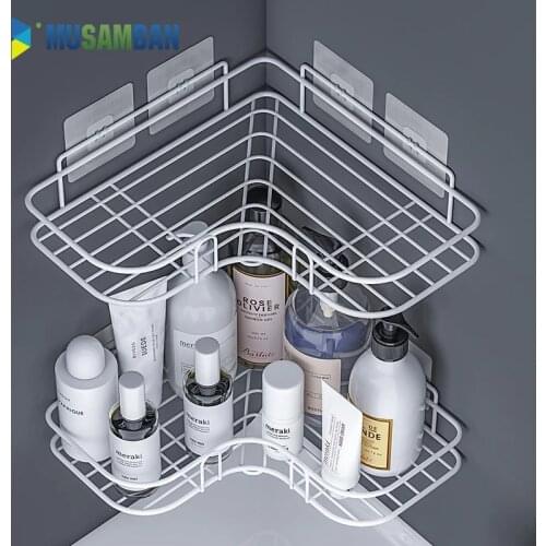 Bathroom Wall-mounted Corner Frame Shower Shelf Wrought Iron Shampoo Storage Holder Punch-free Kitchen Storage Organizer Rack