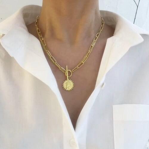 FFLACELL 2020 New Gold Silver Color Korean Vintage Double Chain Punk Queen Head Pendent Necklace for Women Men Jewelry Gifts