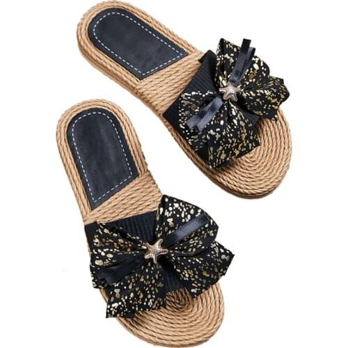 New Women Variety Of Colors Bow Home Slipper Indoor Bedroom Linen Slides Soft Lightweight Casual Shoes Flax Comfortable hy447