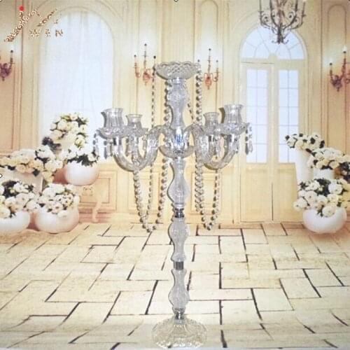 New arrival 90cm height Acrylic 5-arms metal candelabras with crystal pendants wedding candle holder centerpiece 1 lot=5 pieces