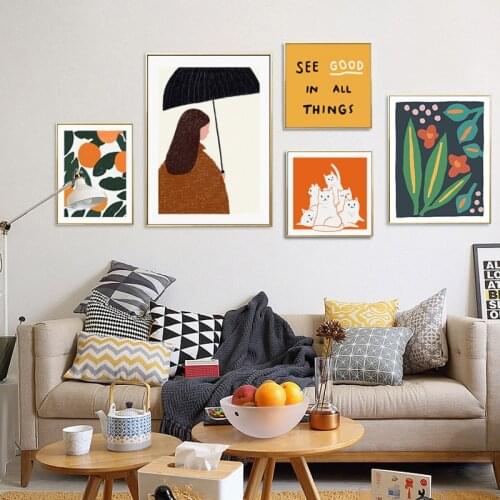Simple Scandinavian small fresh plant cat hand-painted beauty art poster Morandi living room decoration picture printing