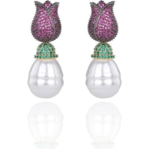 Multicolors Cubic Zircon Tulip Earrings for Wedding, Pearl Flower Earring for Party, Women Girl Gift CE11206