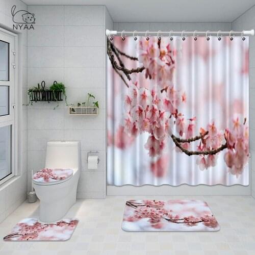 Romantic Cherry Blossom Shower Curtains Bathroom Curtain Set Pink White Floral Flowers Bath Curtains Toilet Mat Rug for Bathtub