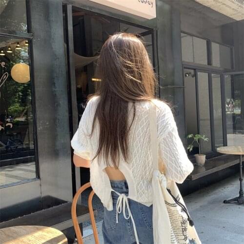 Korean Womens Crochet Sweater Vintage Solid Color Short Sleeve Back Lace-up Knit Tops Female All-matched Tunic 2021 Summer