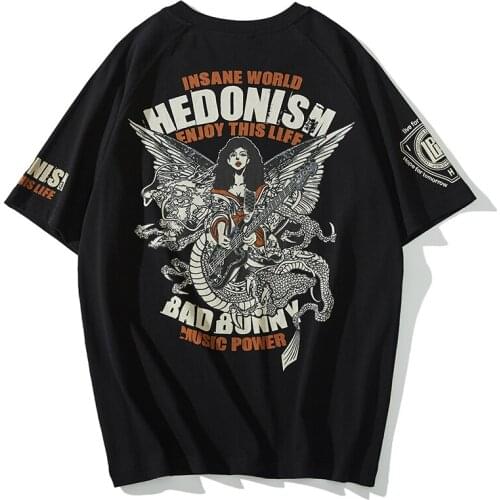 Japanese Vintage Dragon Guitar Print Cotton Raglan sleeve T-shirt Music Festival Mens T shirts Punk Rock Loose Tops Tees Shirt